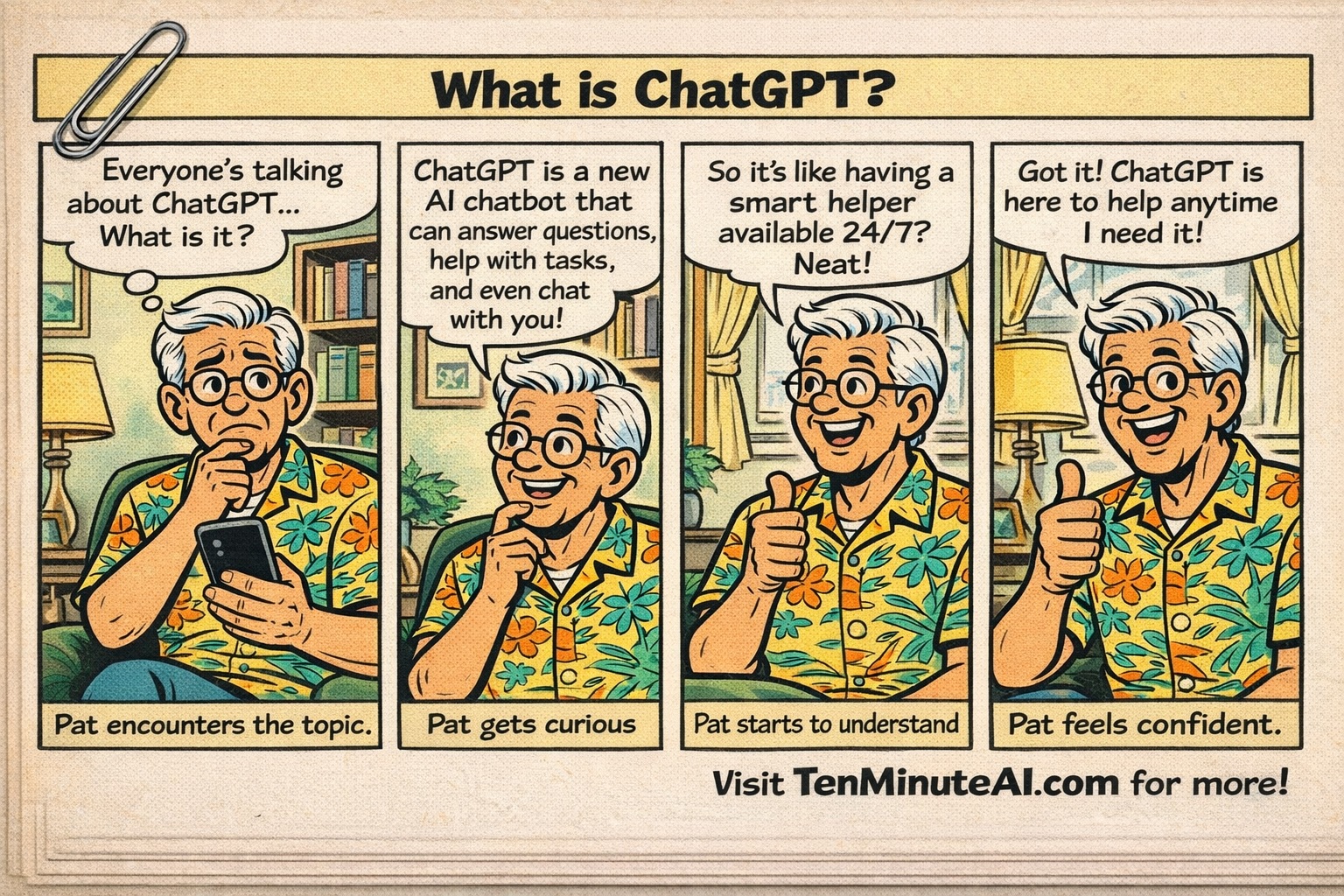Pat learns about ChatGPT - A four panel comic